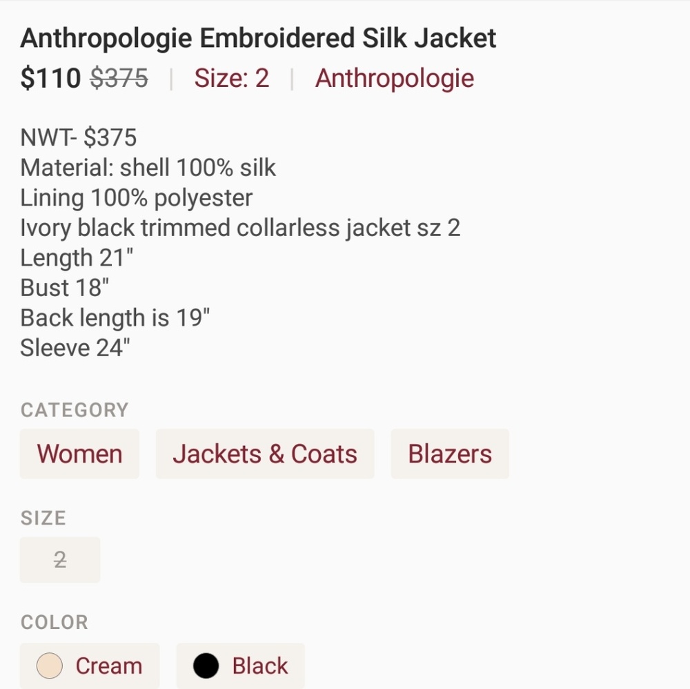 NWT- Twelfth Street by Cynthia Vincent Anthro Jacket size 2 - Picture 9 of 9